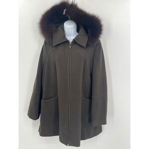 Sachi Collection Wool Cashmere Fox Fur Removable Hood Coat‎ Women's Size L